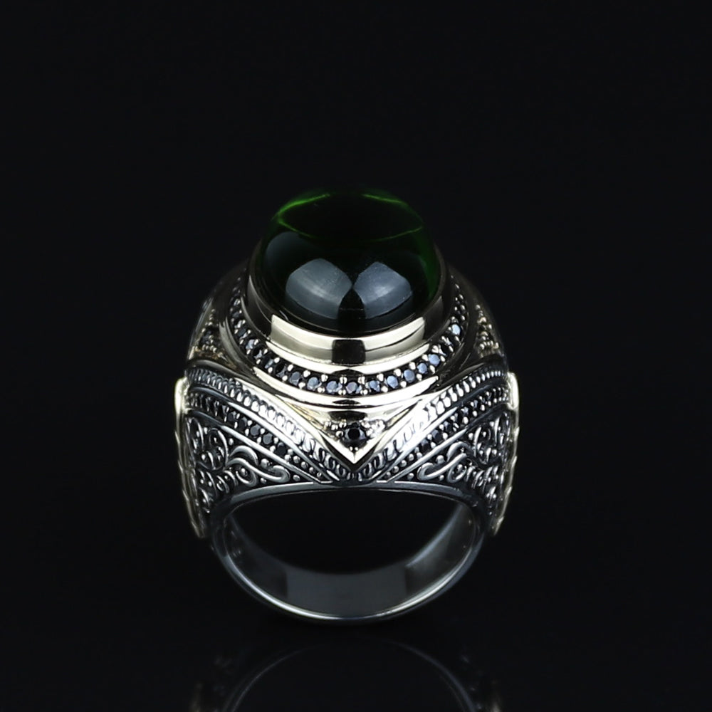 925 Men Silver Green Emerald Stone Ottoman Style Handmade Ring