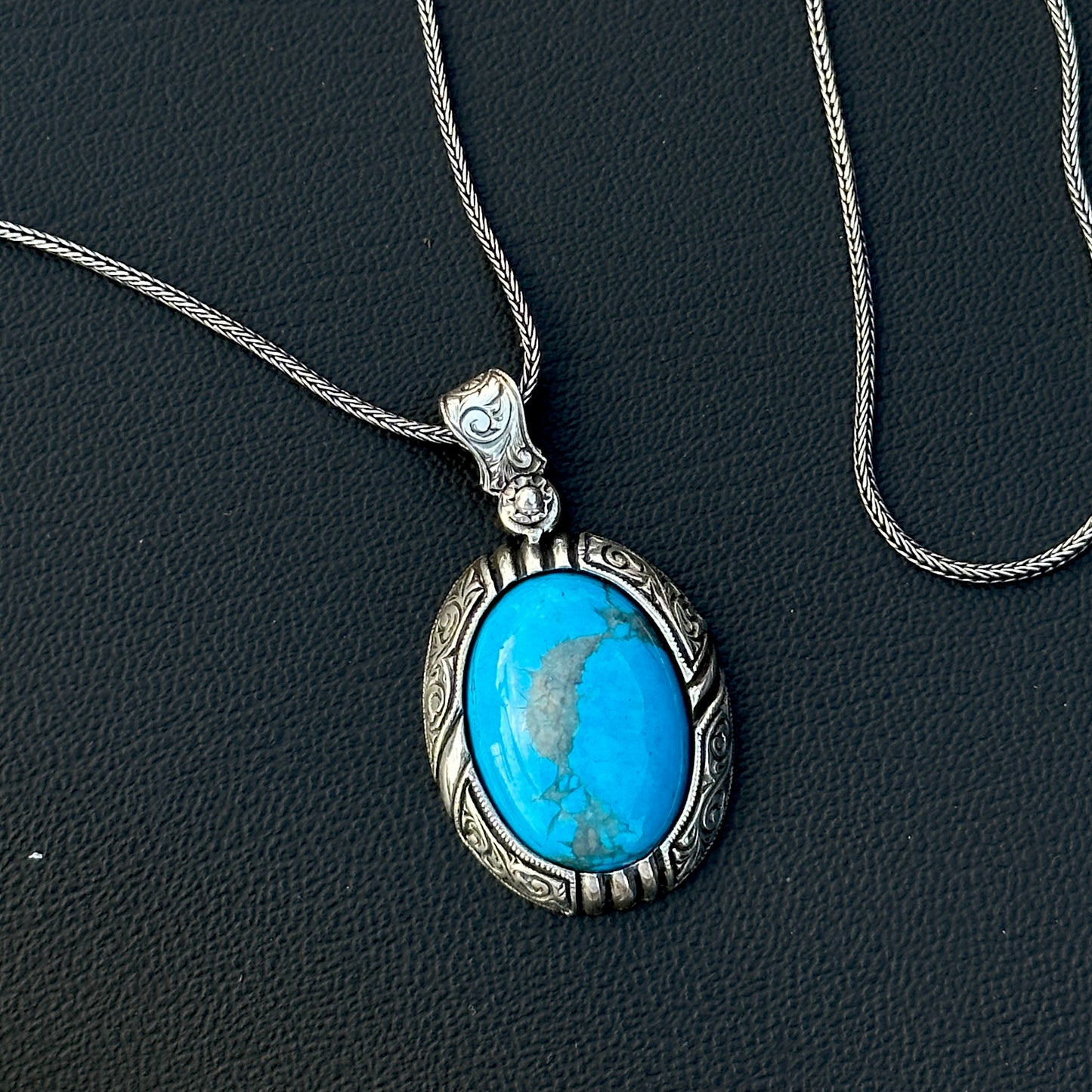 Silver Handmade Engraved Natural Turquoise Gemstone Necklace