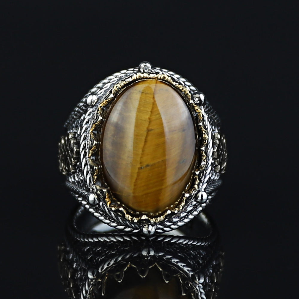 925 Sterling Silver Men Brown Tiger Eye Gemstone Handmade Ring