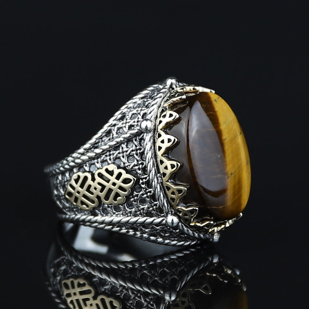 925 Sterling Silver Men Brown Tiger Eye Gemstone Handmade Ring