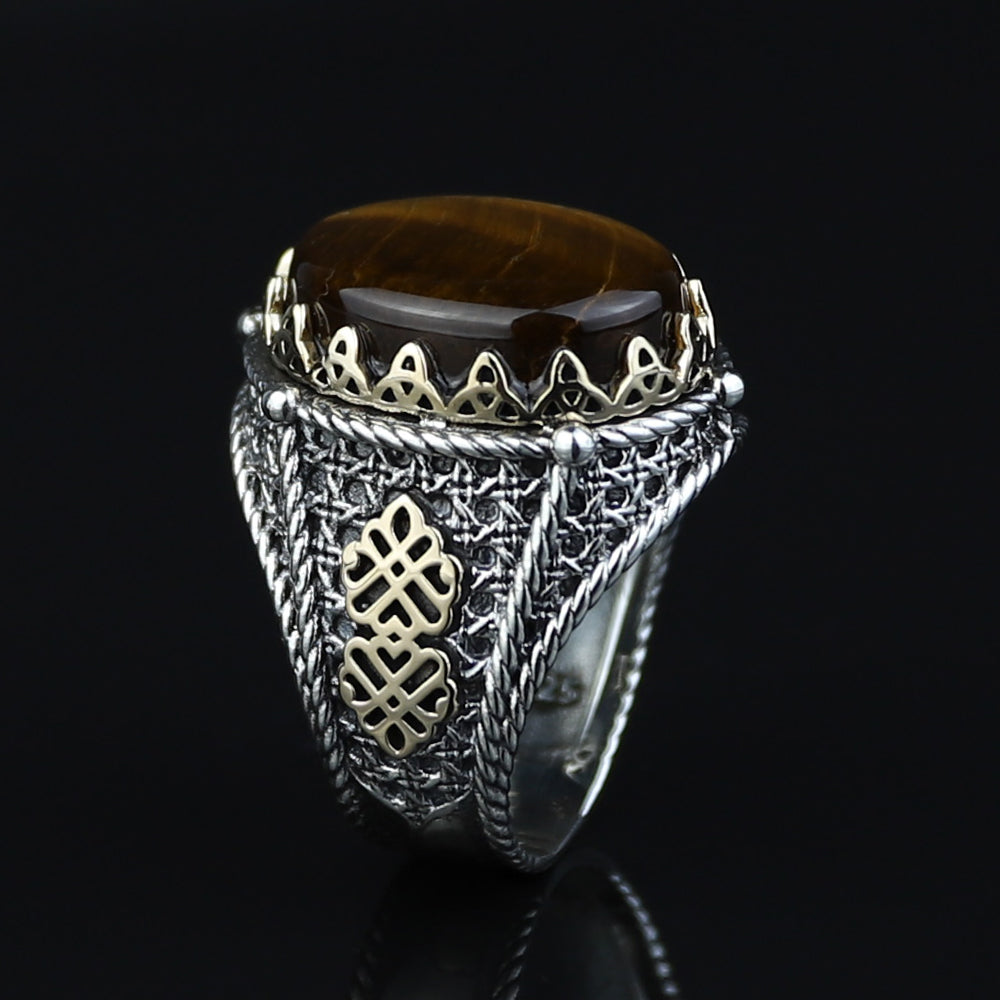 925 Sterling Silver Men Brown Tiger Eye Gemstone Handmade Ring