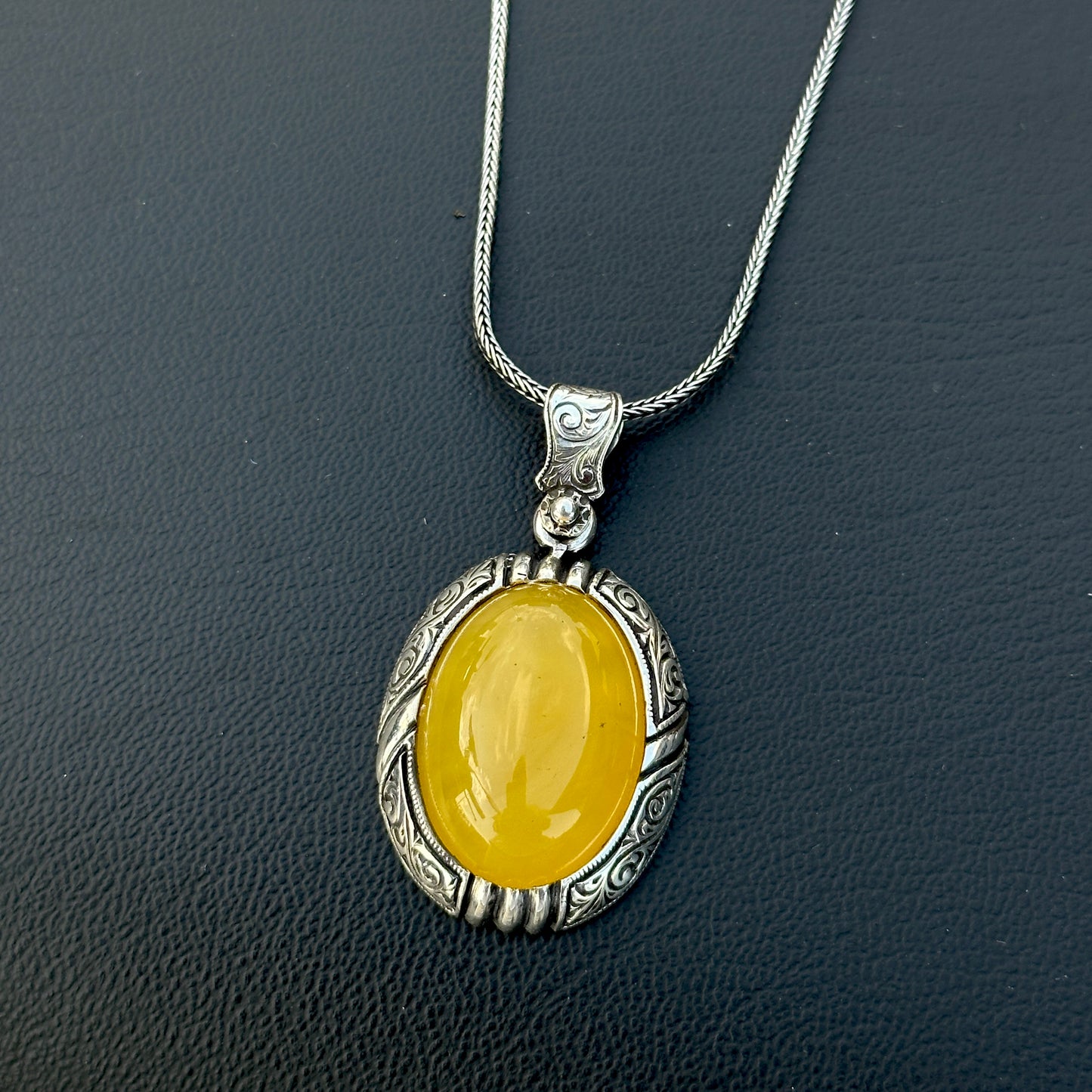 Men Silver Handmade Engraved Yellow Agate Necklace