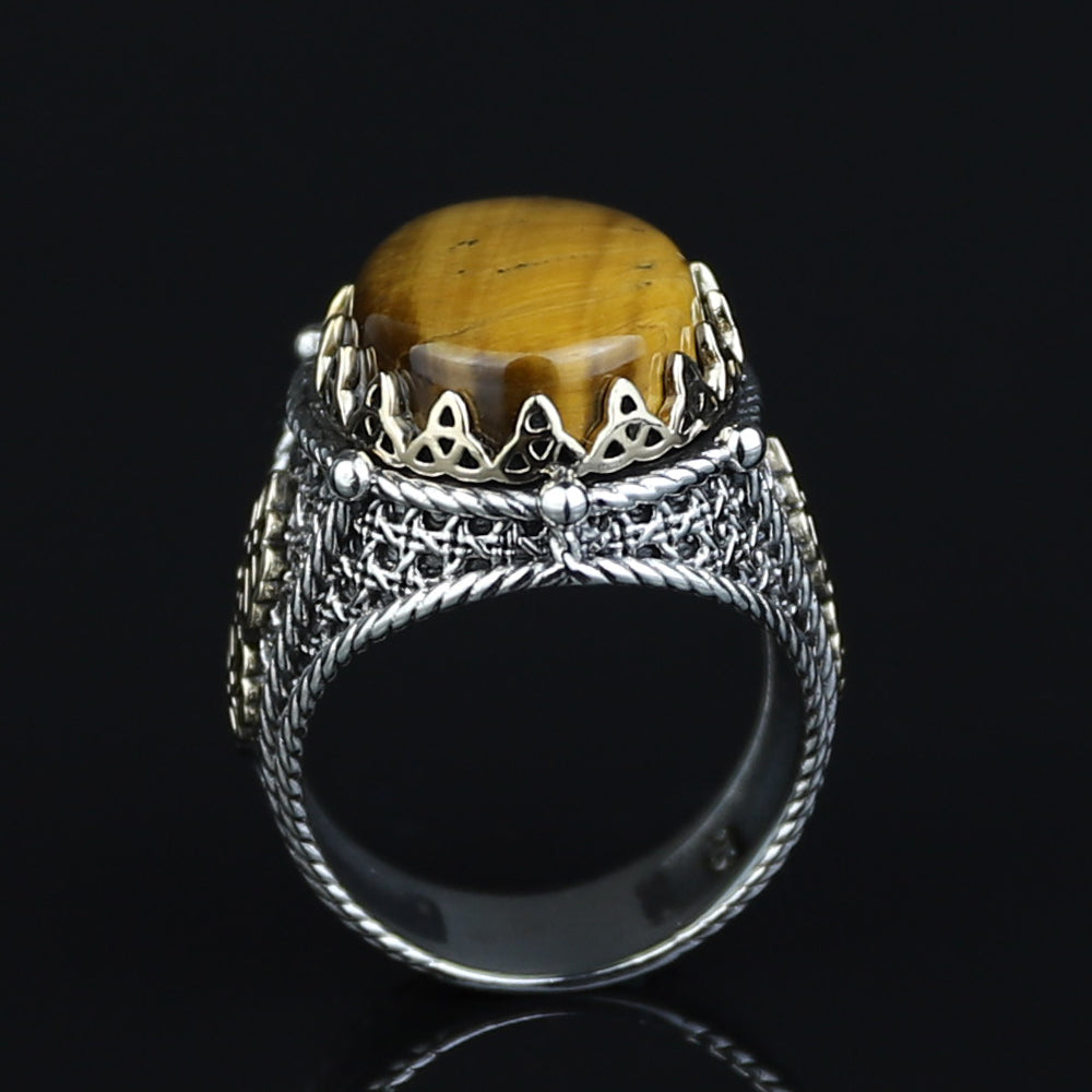 925 Sterling Silver Men Brown Tiger Eye Gemstone Handmade Ring