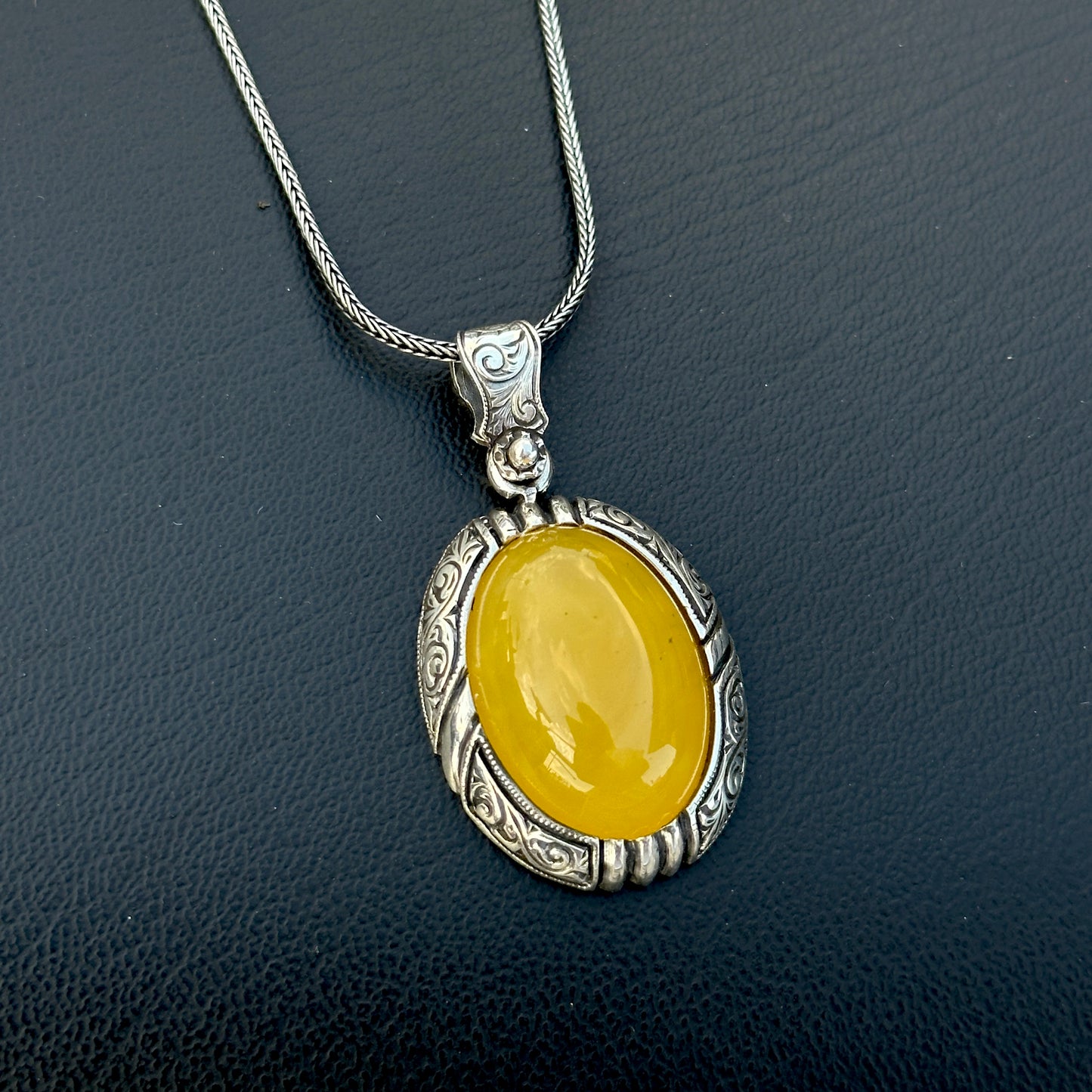 Men Silver Handmade Engraved Yellow Agate Necklace