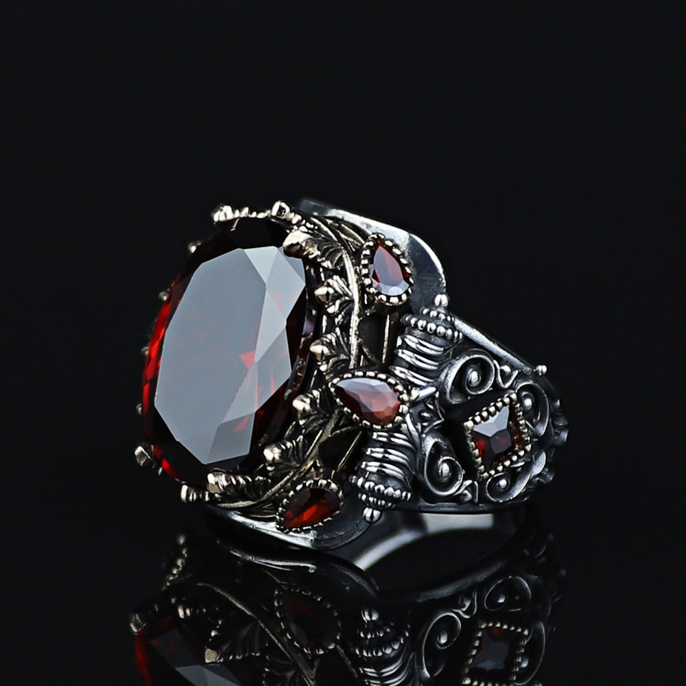 925 Silver Men Vintage Ruby Gemstone Turkish Handmade Ring
