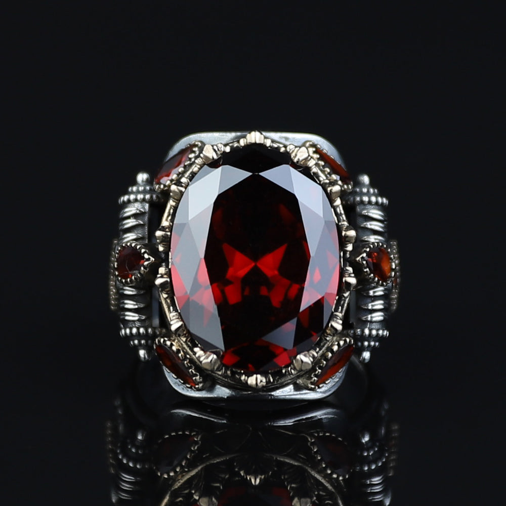 925 Silver Men Vintage Ruby Gemstone Turkish Handmade Ring