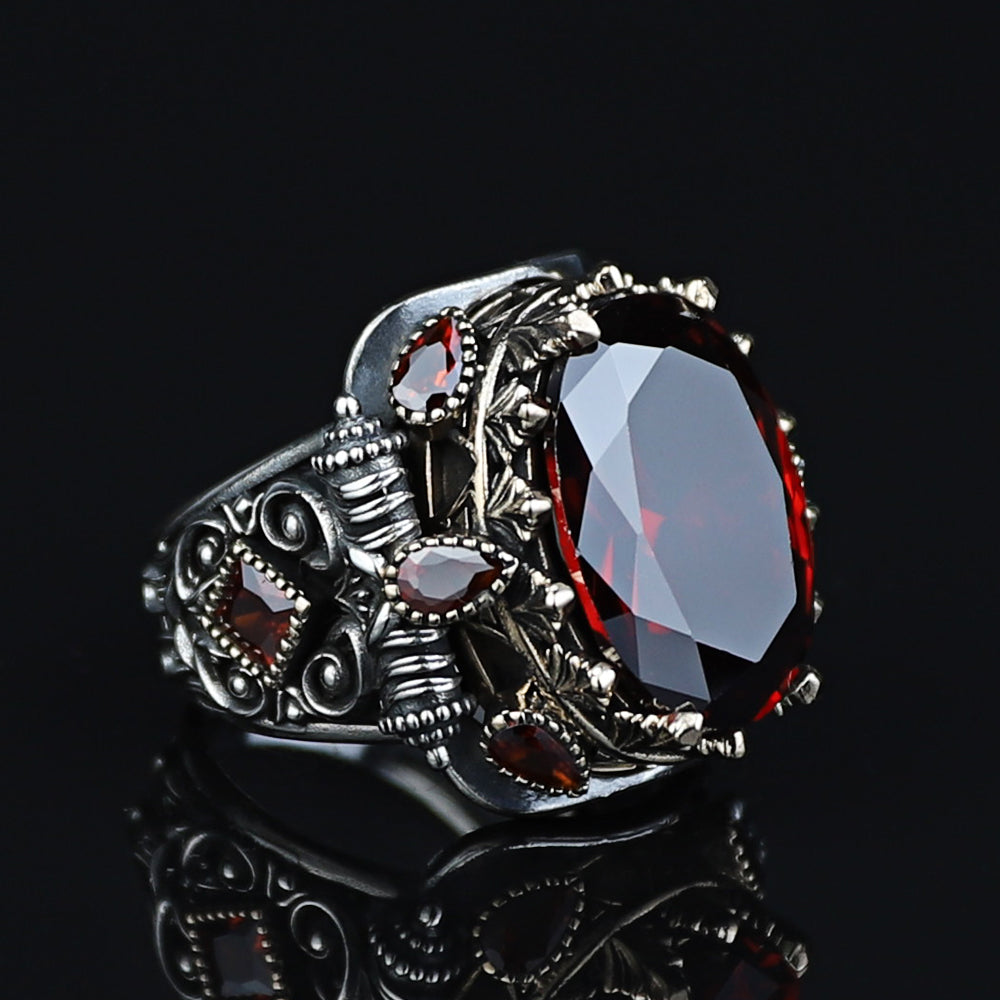 925 Silver Men Vintage Ruby Gemstone Turkish Handmade Ring