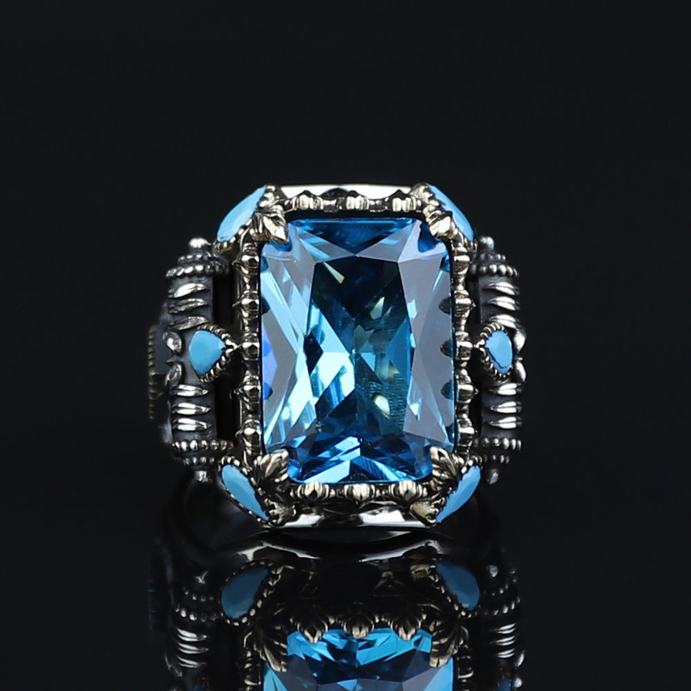 925 Sterling Silver Handmade Men Blue Aquamarine Gemstone Vintage Ring