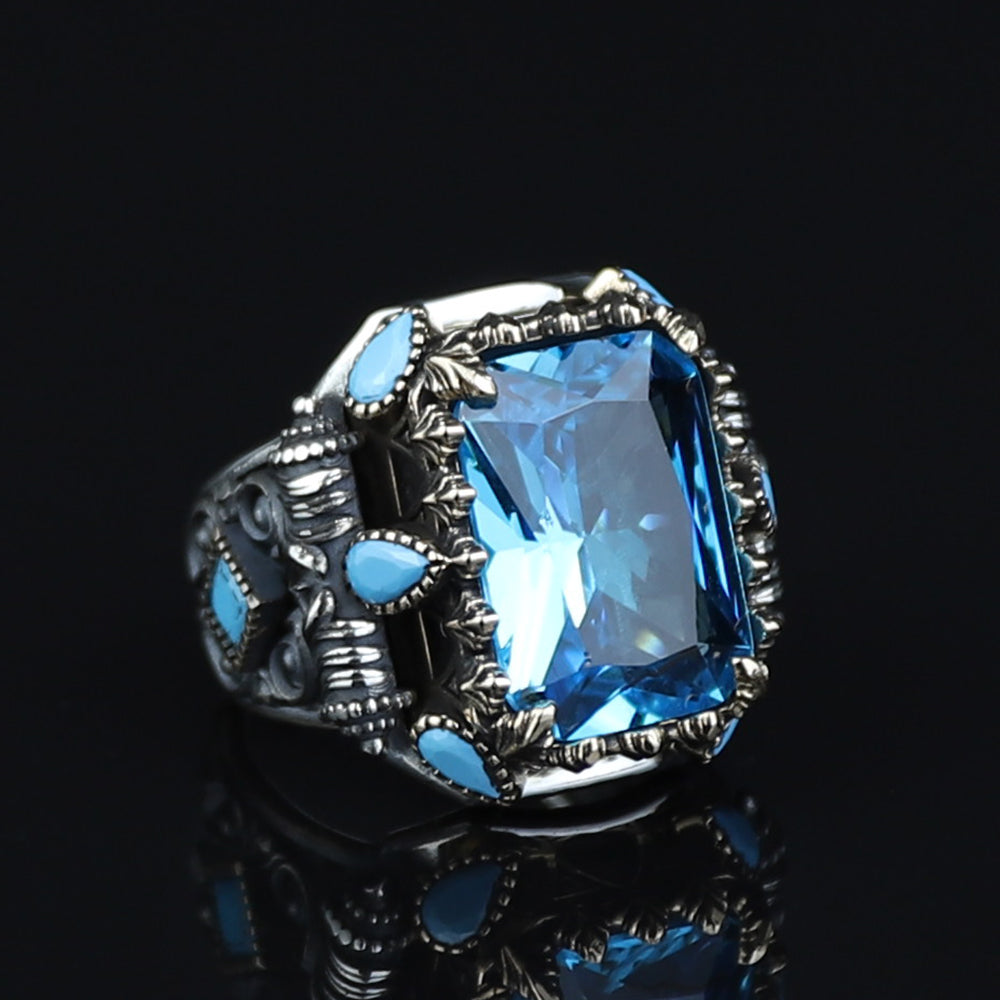 925 Sterling Silver Handmade Men Blue Aquamarine Gemstone Vintage Ring