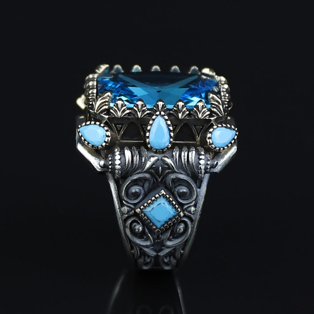 925 Sterling Silver Handmade Men Blue Aquamarine Gemstone Vintage Ring