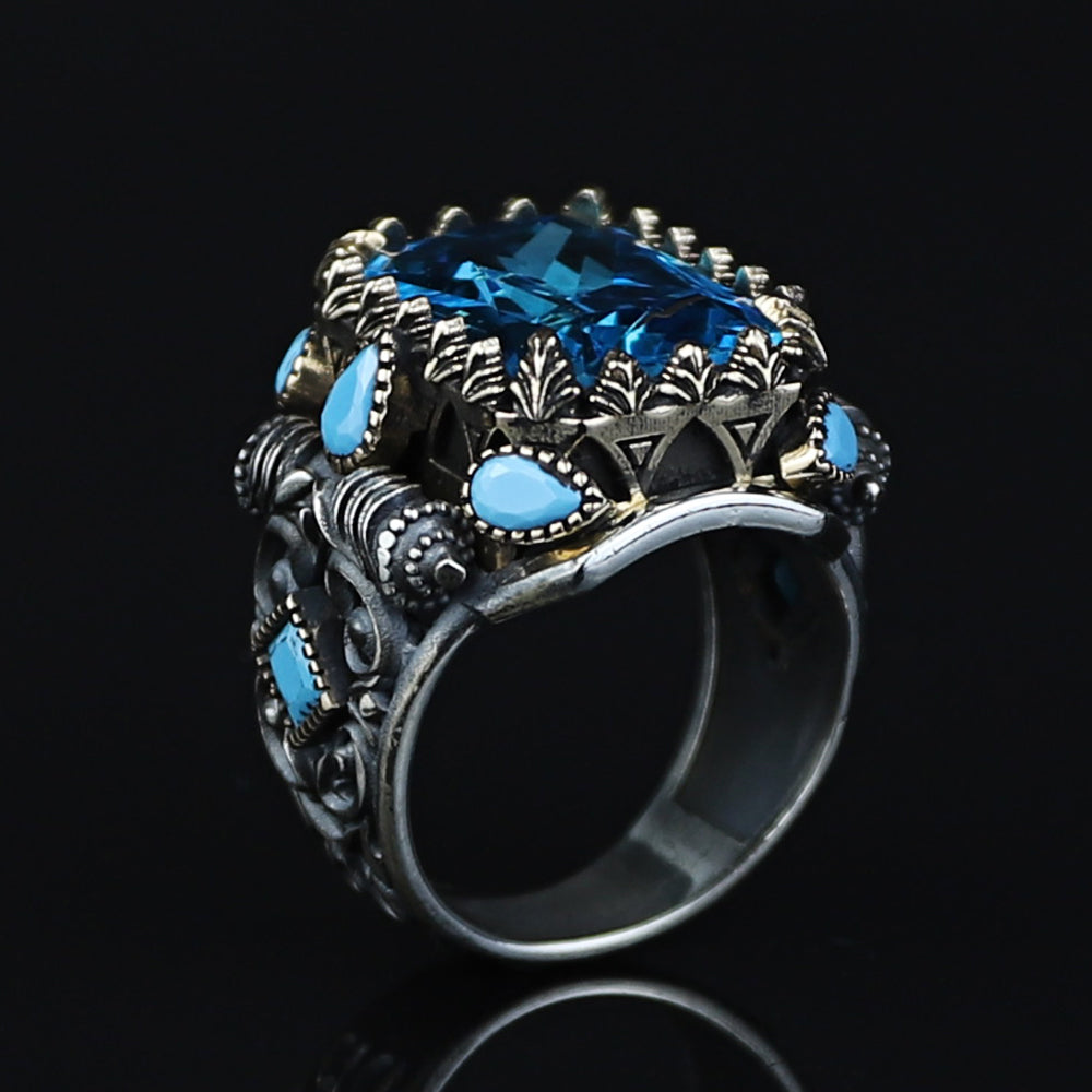 925 Sterling Silver Handmade Men Blue Aquamarine Gemstone Vintage Ring