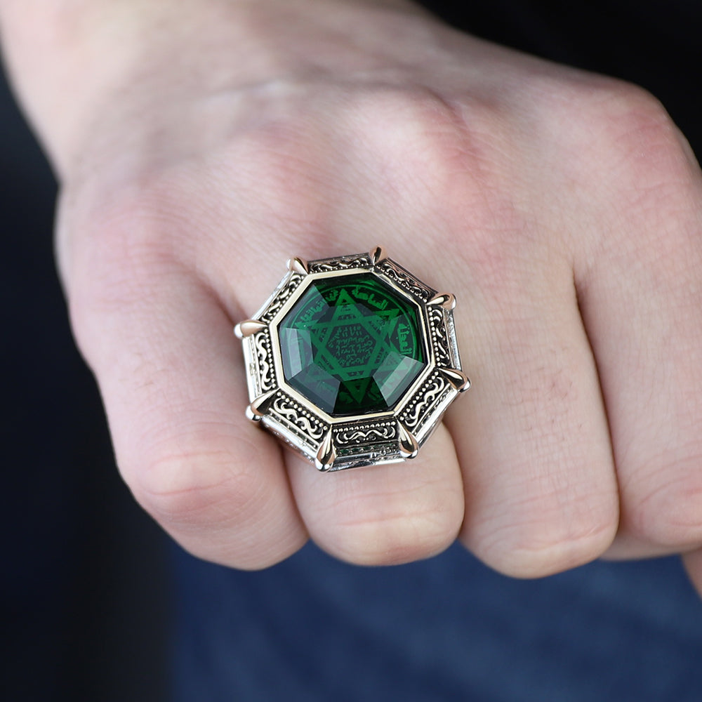 925 Silver Seal Of Solomon Emerald Stone Star Of David Ring
