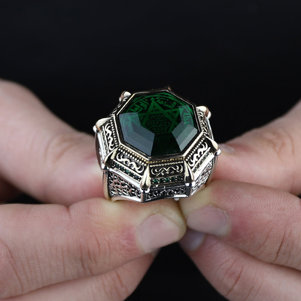 925 Silver Seal Of Solomon Emerald Stone Star Of David Ring