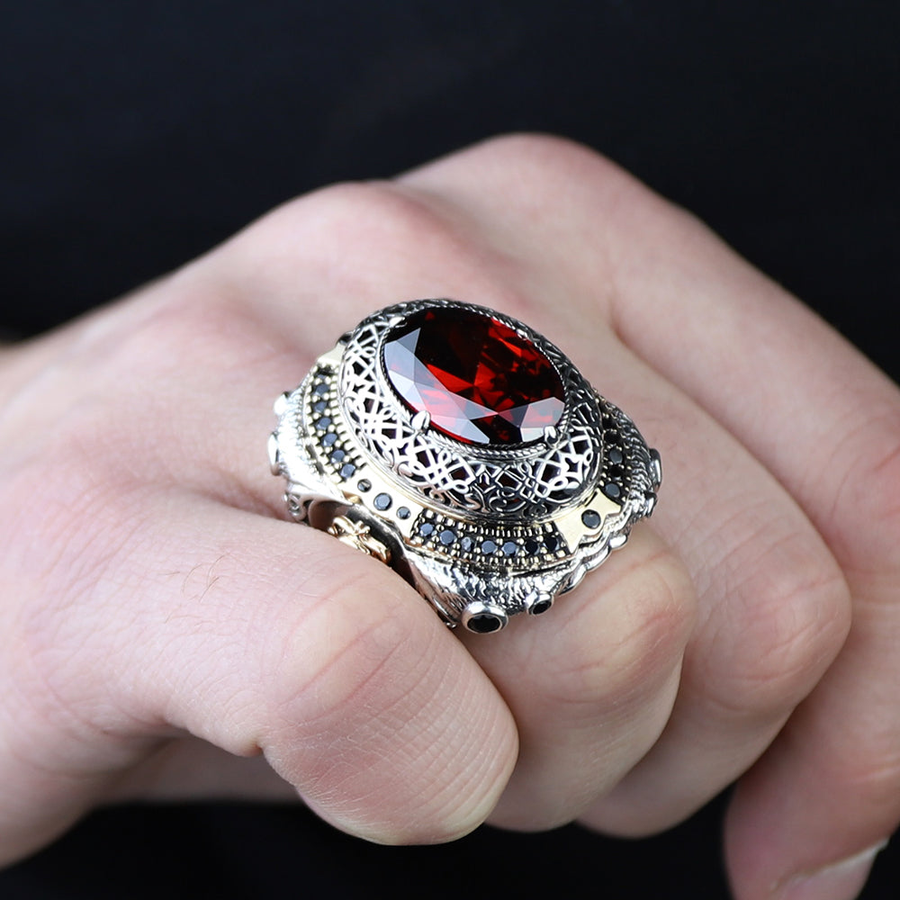 925 Sterling Silver Men Large Ruby Gemstone Ottoman Style Ring