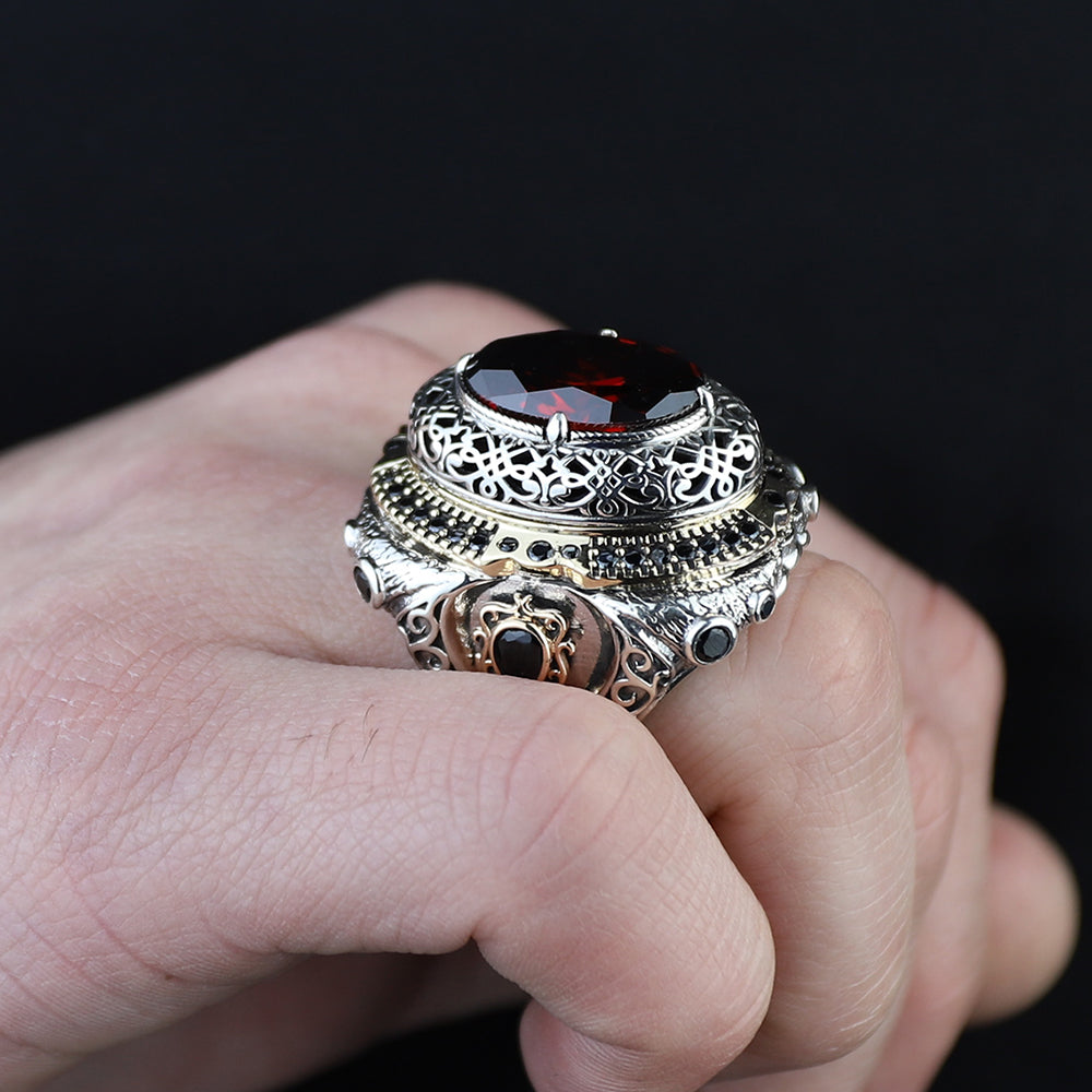 925 Sterling Silver Men Large Ruby Gemstone Ottoman Style Ring