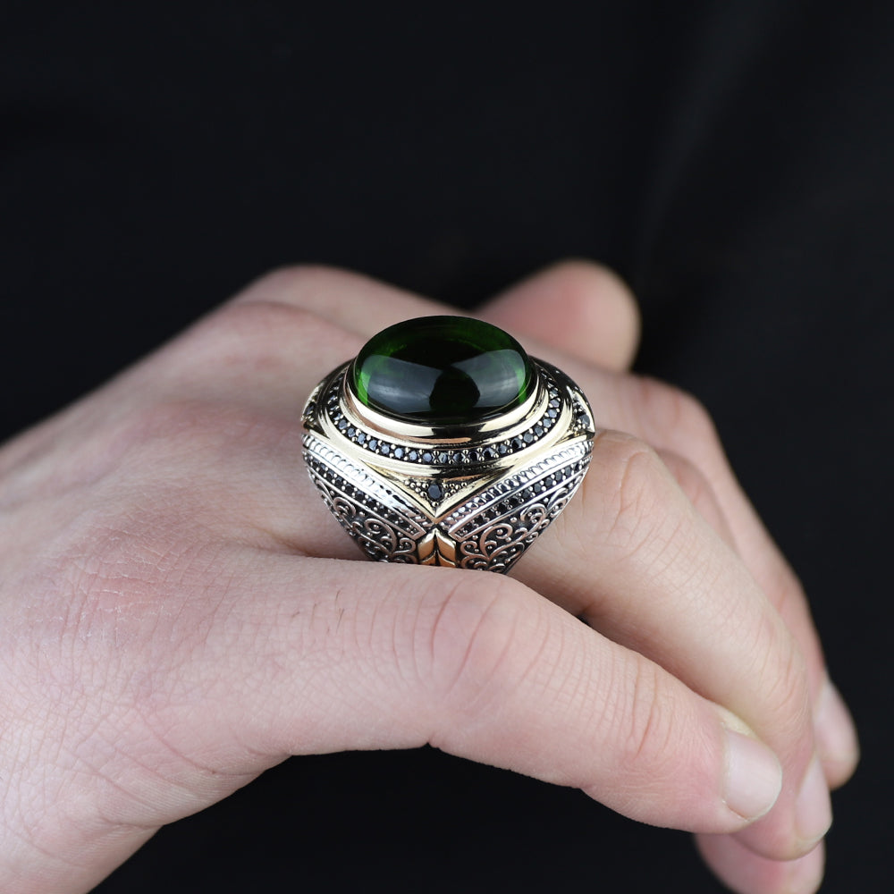 925 Men Silver Green Emerald Stone Ottoman Style Handmade Ring