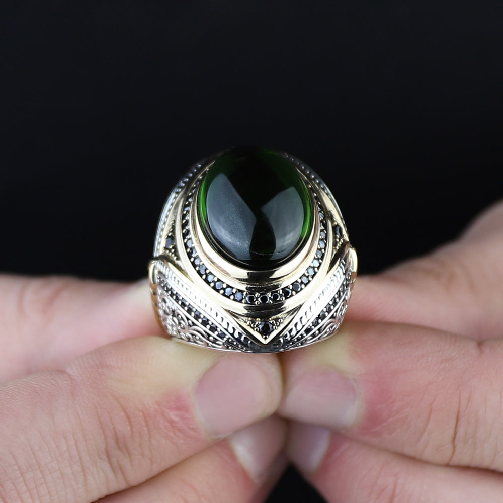 925 Men Silver Green Emerald Stone Ottoman Style Handmade Ring