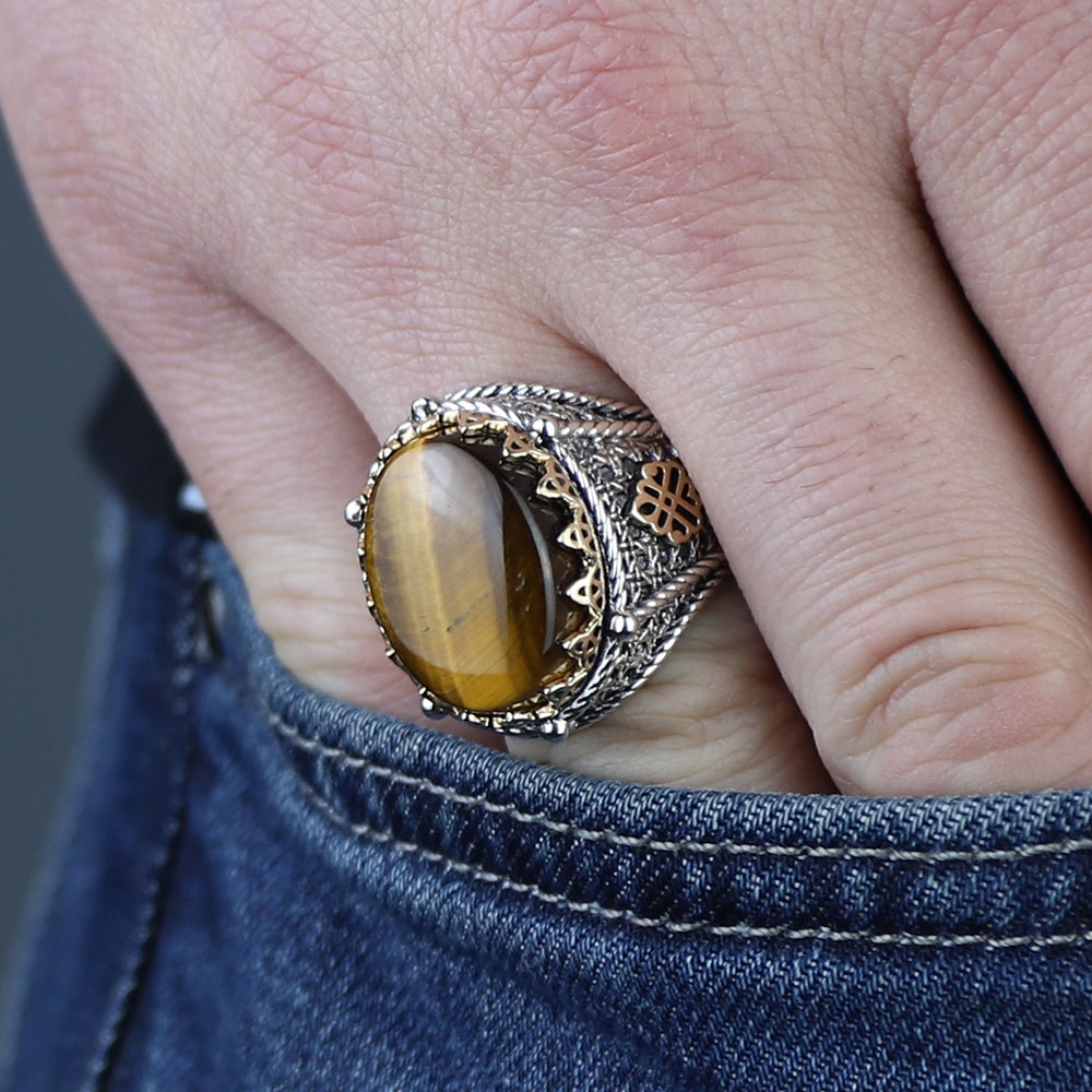925 Sterling Silver Men Brown Tiger Eye Gemstone Handmade Ring