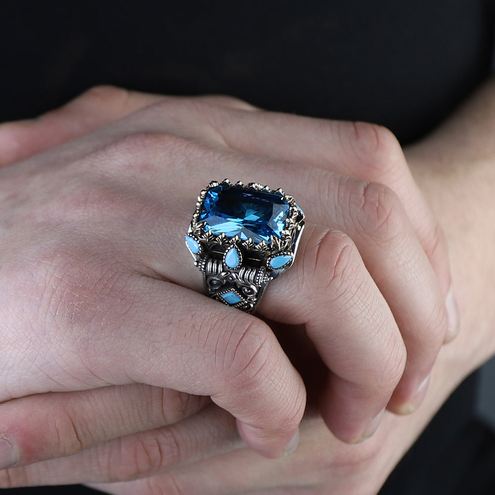 925 Sterling Silver Handmade Men Blue Aquamarine Gemstone Vintage Ring