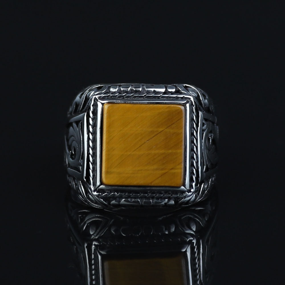 925 Silver Men Square Brown Tiger Eye Gemstone Ring