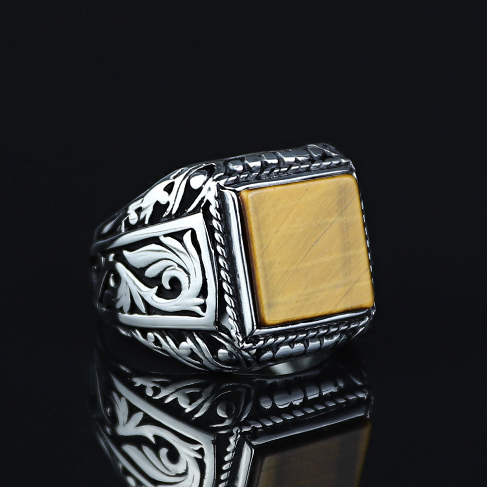 925 Silver Men Square Brown Tiger Eye Gemstone Ring