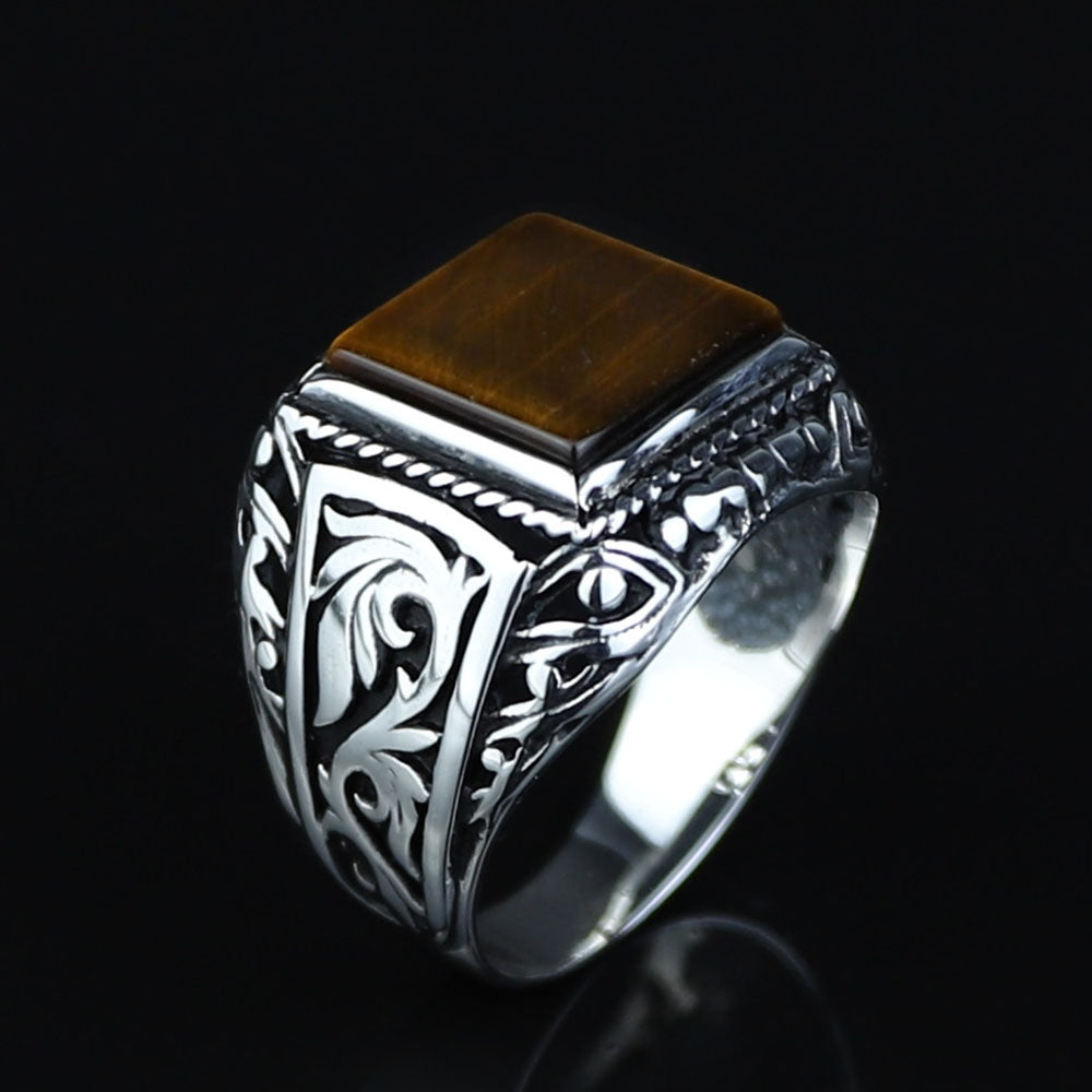 925 Silver Men Square Brown Tiger Eye Gemstone Ring