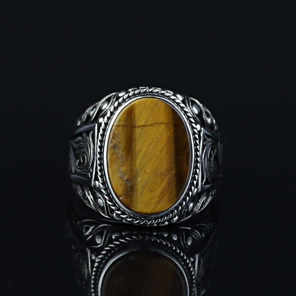 925 Sterling Silver Brown Oval Tiger Eye Gemstone Ring