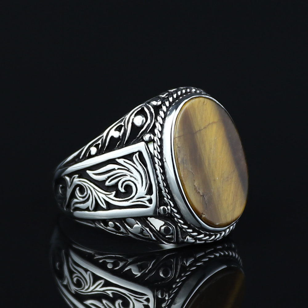 925 Sterling Silver Brown Oval Tiger Eye Gemstone Ring