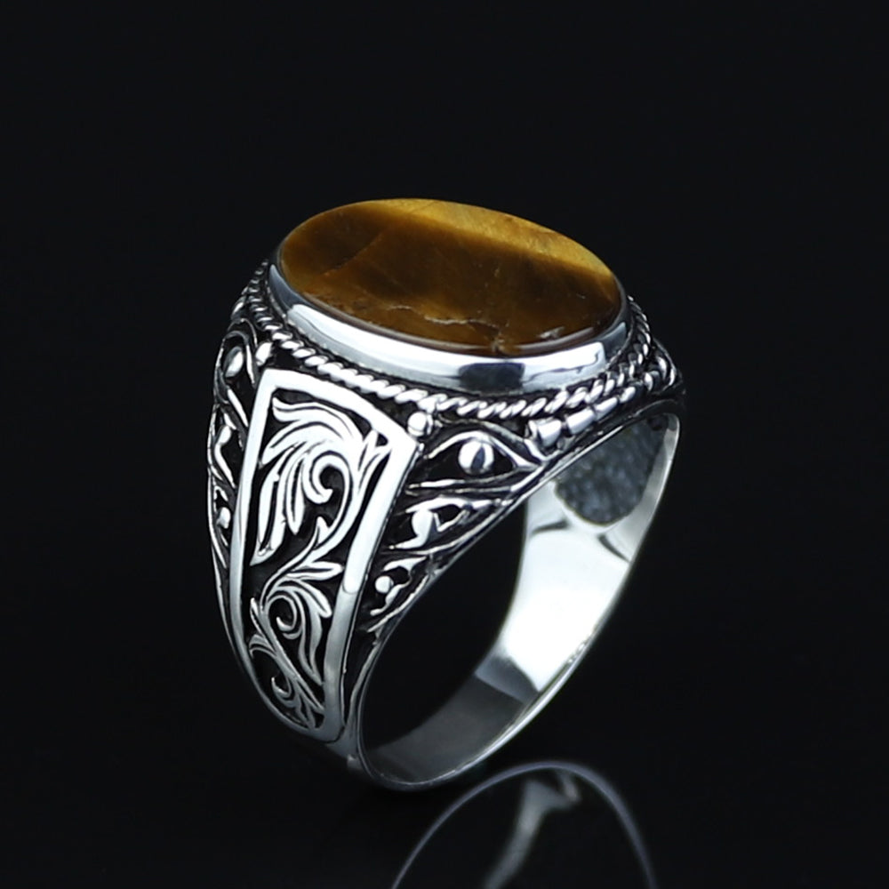 925 Sterling Silver Brown Oval Tiger Eye Gemstone Ring