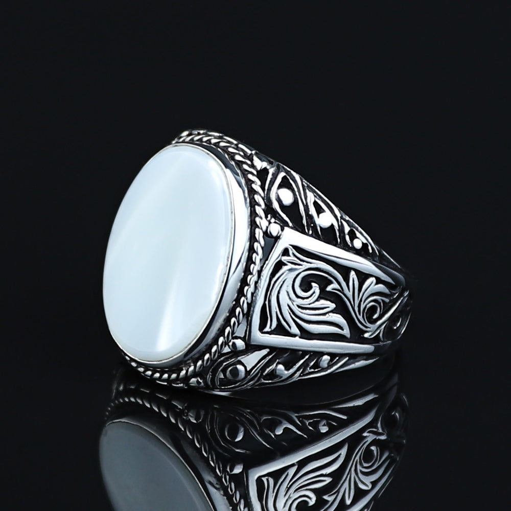 925 Men Sterling Silver Mother Of Pearl Gemstone Signet Ring