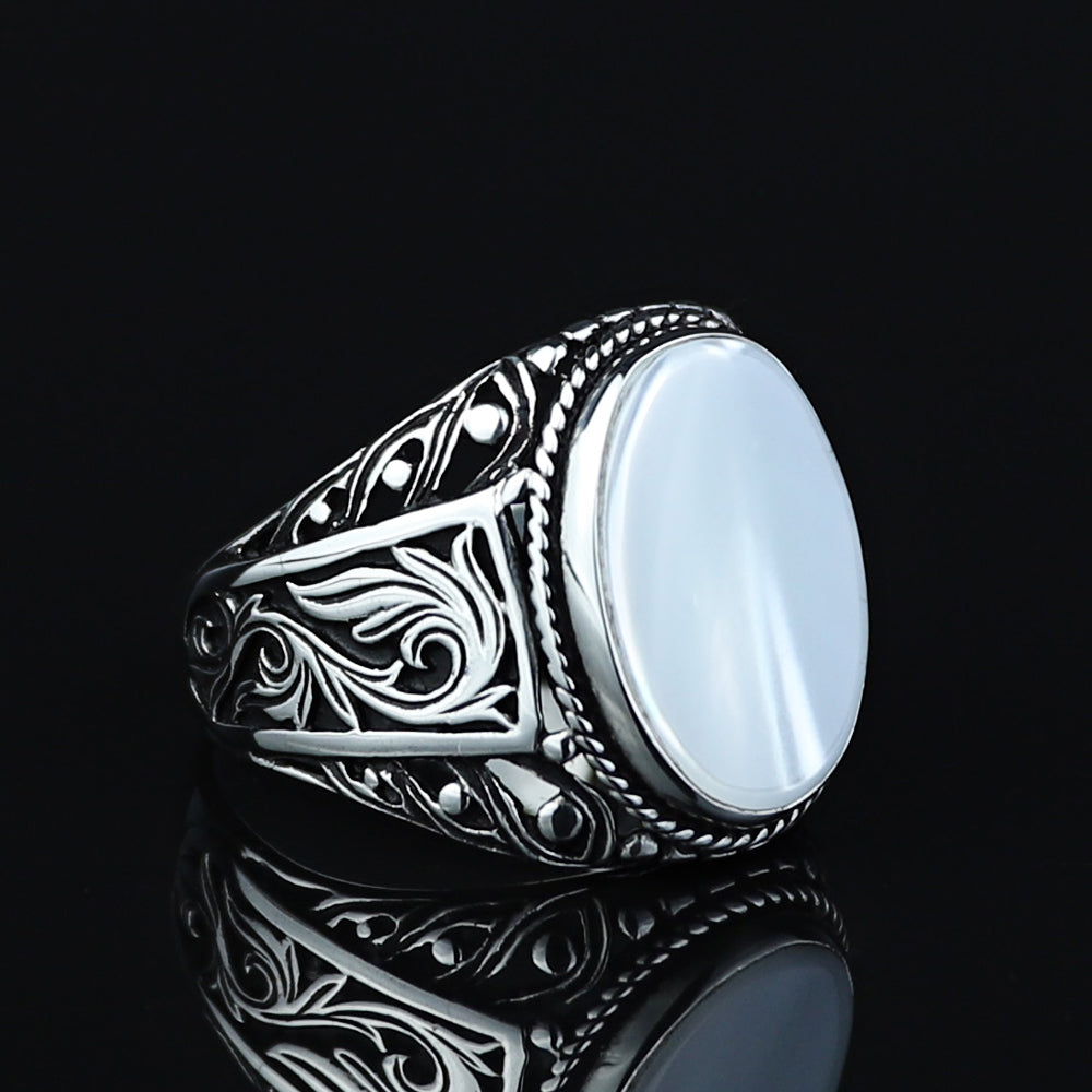 925 Men Sterling Silver Mother Of Pearl Gemstone Signet Ring