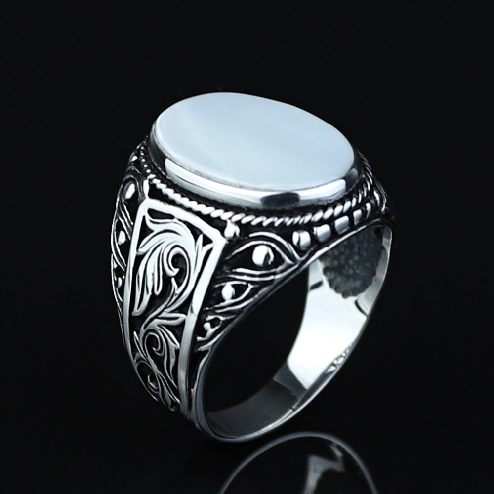 925 Men Sterling Silver Mother Of Pearl Gemstone Signet Ring