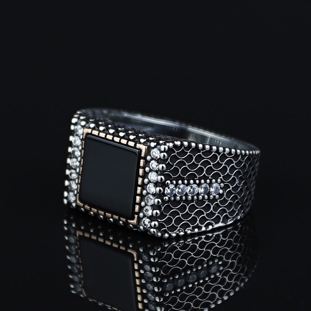 925 Silver Men Handmade Minimal Square Onyx Ring