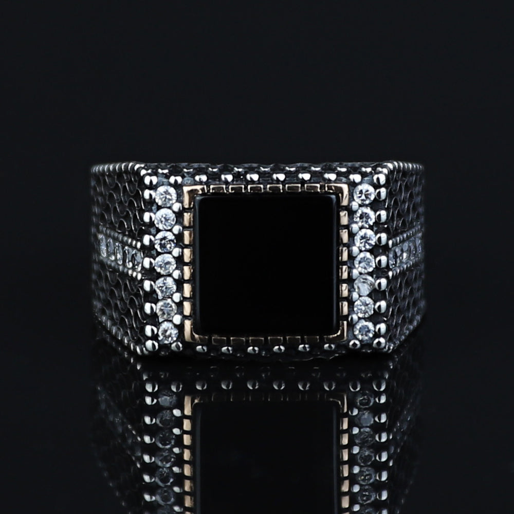 925 Silver Men Handmade Minimal Square Onyx Ring