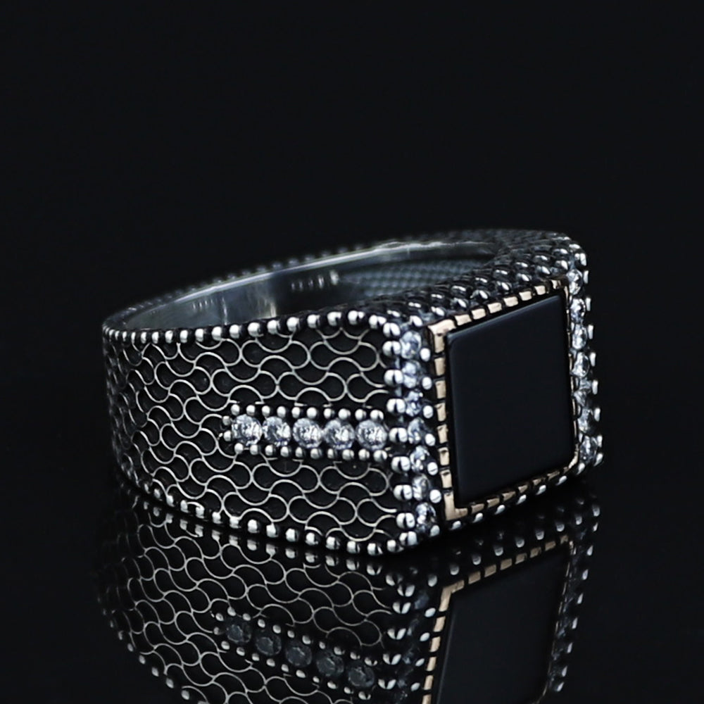 925 Silver Men Handmade Minimal Square Onyx Ring