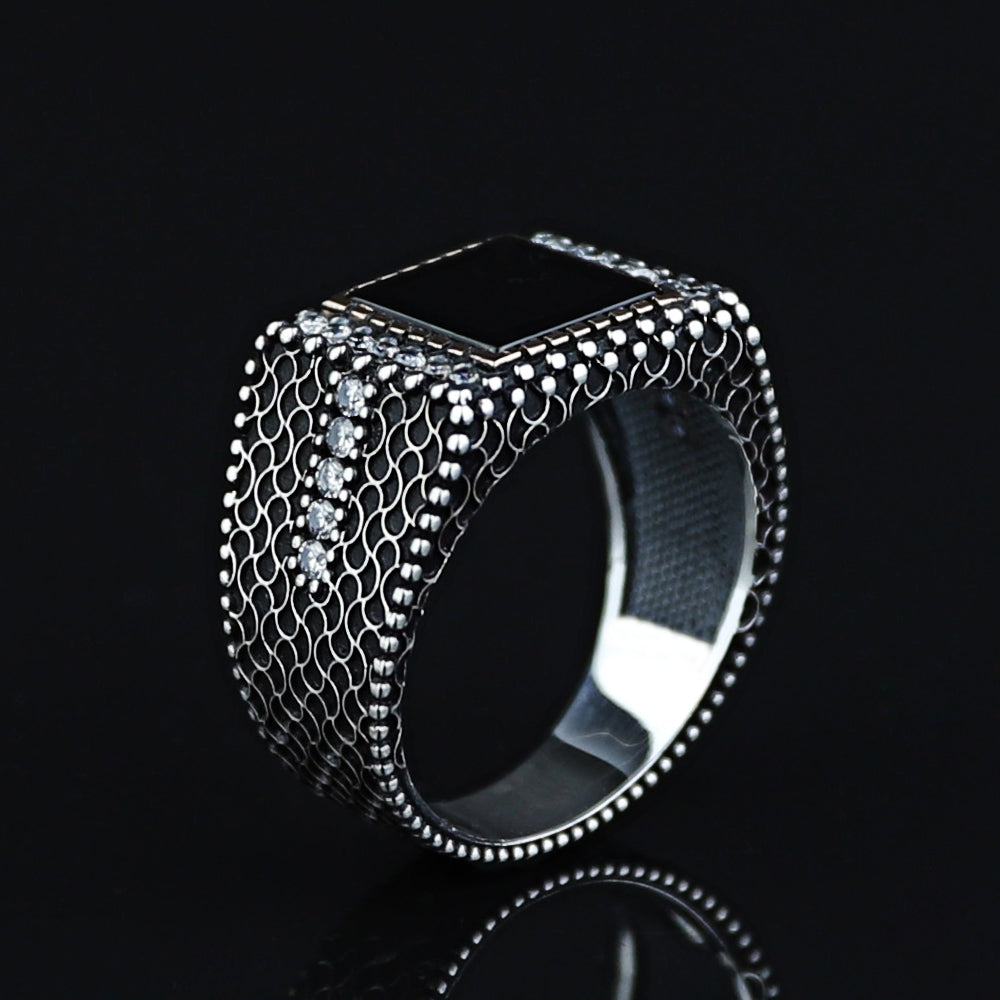 925 Silver Men Handmade Minimal Square Onyx Ring