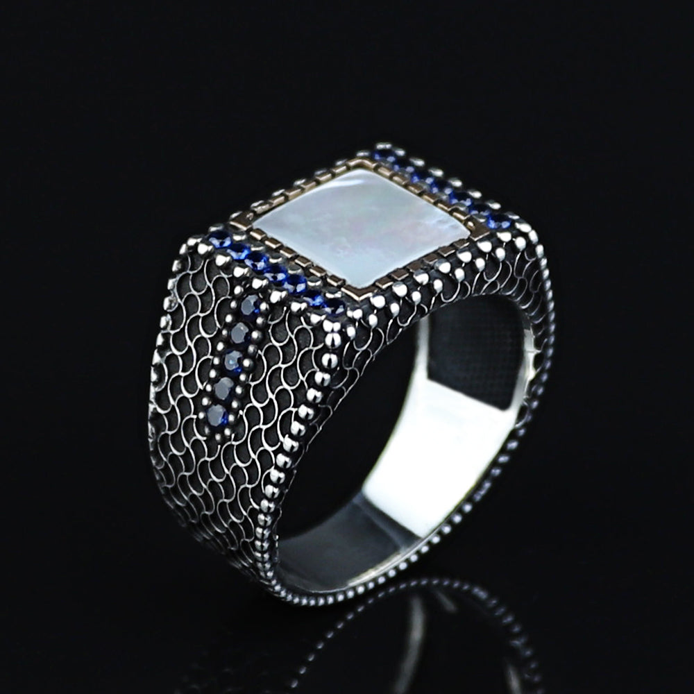 925 Sterling Silver Square Mother Of Pearl Gemstone Signet Ring