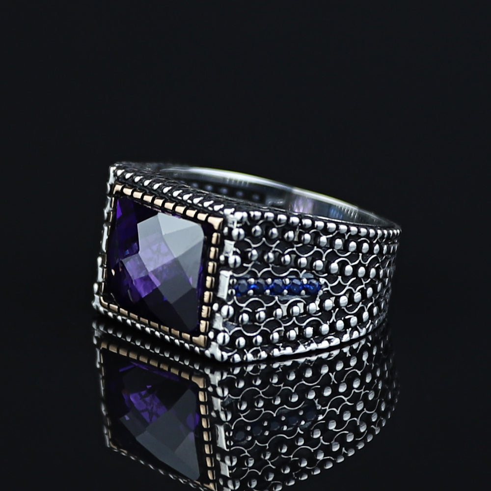925 Sterling Silver Men Minimal Purple Amethyst Gemstone Ring