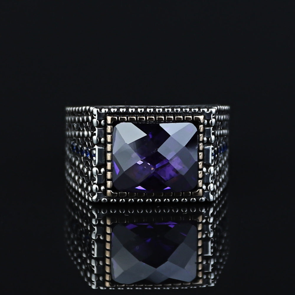 925 Sterling Silver Men Minimal Purple Amethyst Gemstone Ring