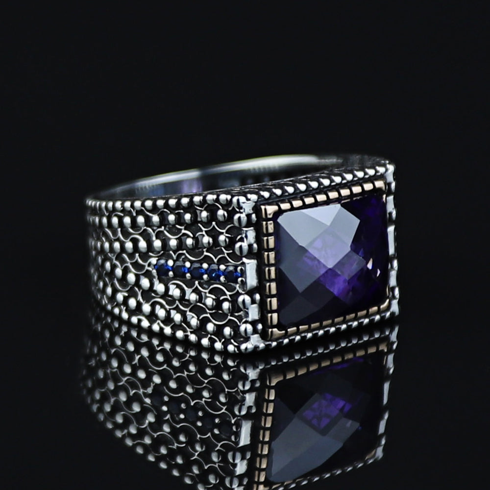 925 Sterling Silver Men Minimal Purple Amethyst Gemstone Ring
