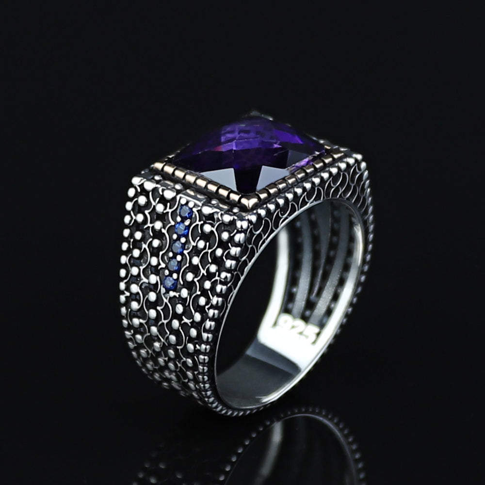 925 Sterling Silver Men Minimal Purple Amethyst Gemstone Ring