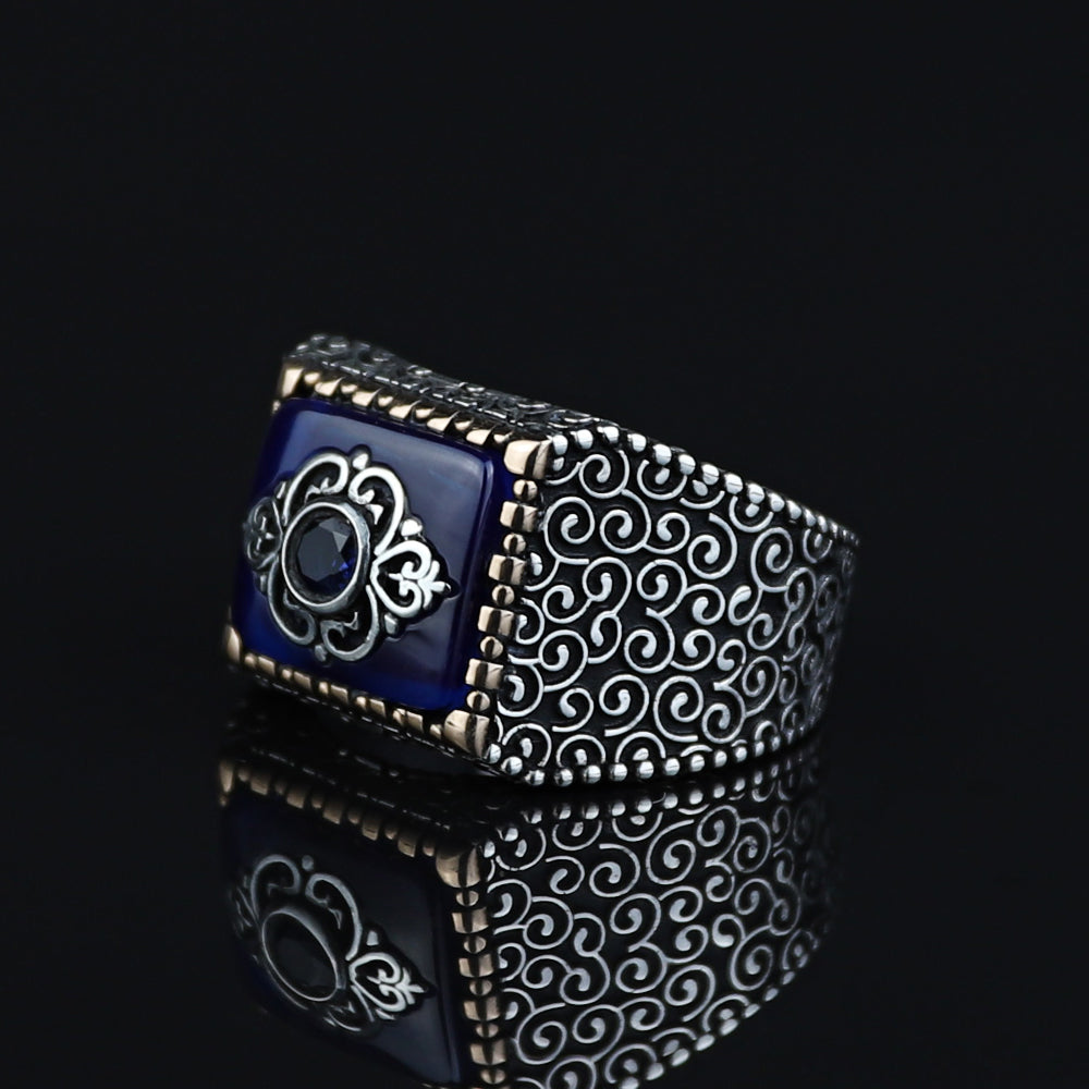 925 Sterling Silver Men Blue Sapphire Gemstone Ring