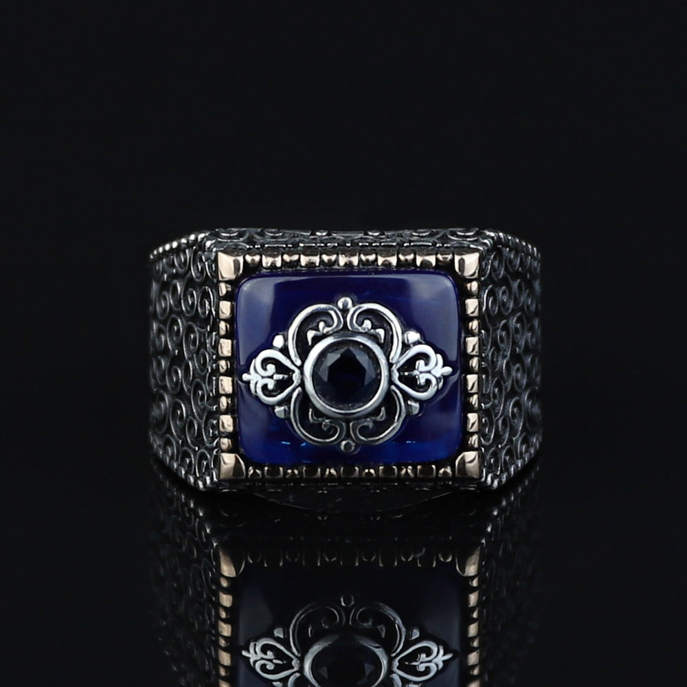 925 Sterling Silver Men Blue Sapphire Gemstone Ring