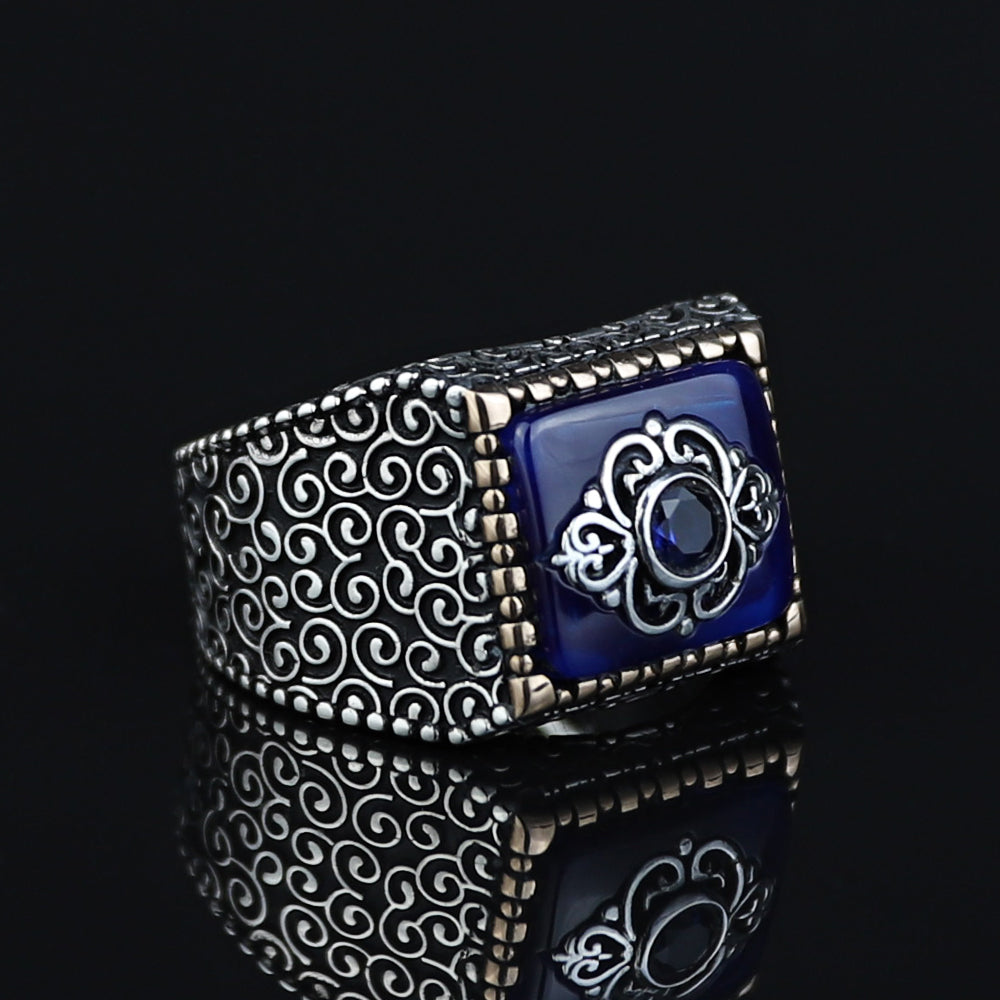 925 Sterling Silver Men Blue Sapphire Gemstone Ring