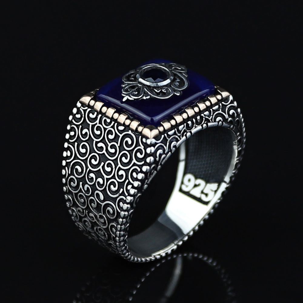 925 Sterling Silver Men Blue Sapphire Gemstone Ring