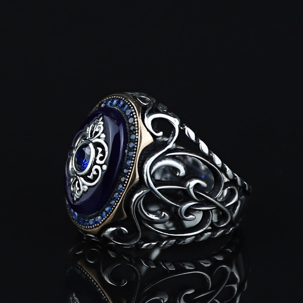 925 Sterling Silver Turkish Handmade Men Blue Sapphire Gemstone Ring