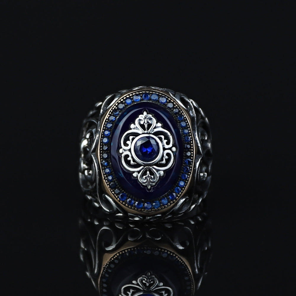 925 Sterling Silver Turkish Handmade Men Blue Sapphire Gemstone Ring