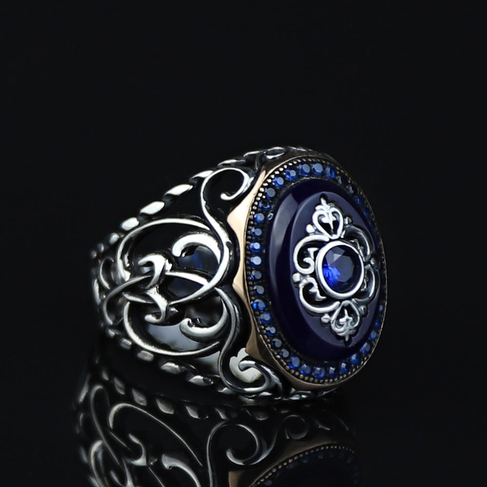 925 Sterling Silver Turkish Handmade Men Blue Sapphire Gemstone Ring