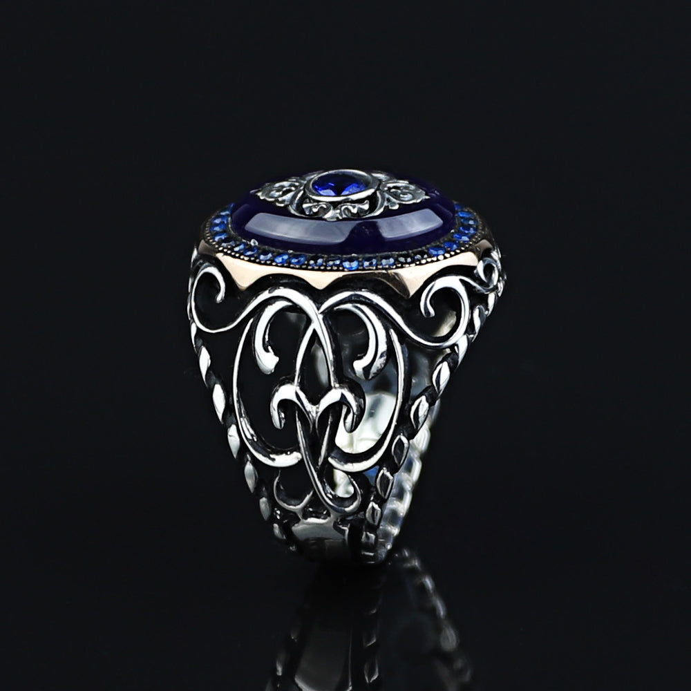 925 Sterling Silver Turkish Handmade Men Blue Sapphire Gemstone Ring