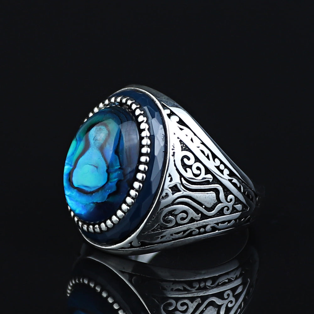 925 Sterling Silver Abalone Pearl Men Signet Ring